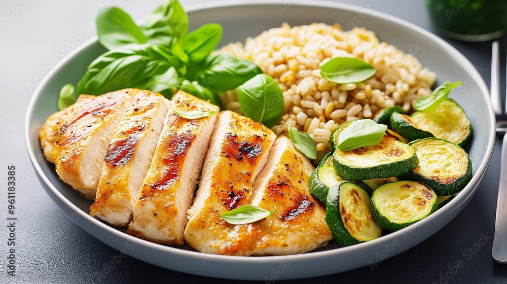 Grilled Chicken with Brown Rice and Zucchini: A healthy and delicious meal with grilled chicken breast, brown rice, and sauteed zucchini. A perfect meal for weight loss, fitness, or healthy eating. Grilled Chicken with Brown Rice and Zucchini: A healthy and delicious meal with grilled chicken breast, brown rice, and sauteed zucchini. A perfect meal for weight loss, fitness, or healthy eating.