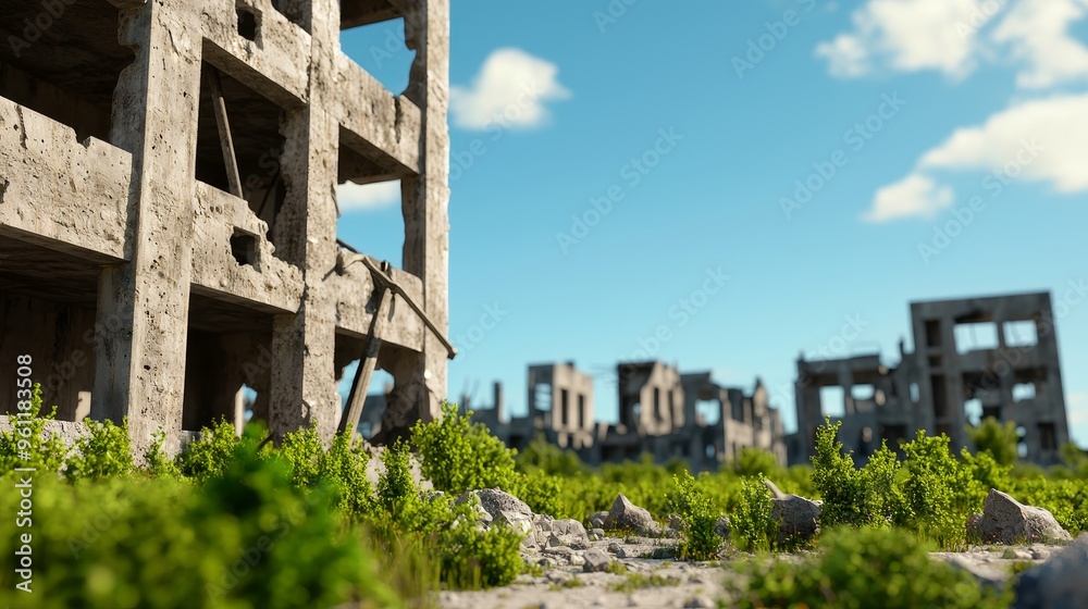 Obraz premium abandoned cityscape with overgrown concrete buildings and lush greenery under a sunny blue sky.