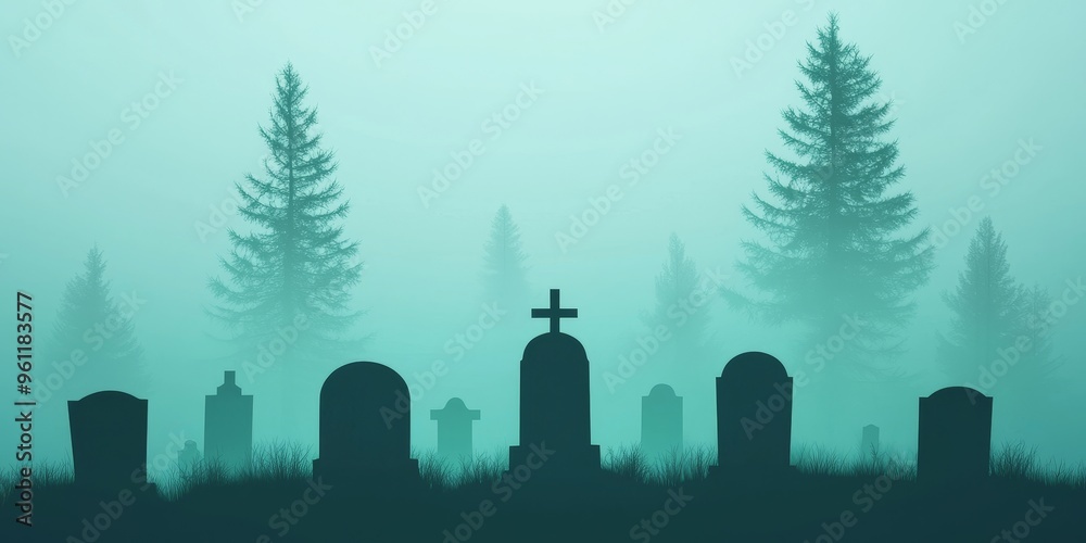 Fototapeta premium mysterious graveyard silhouettes in foggy green forest background.