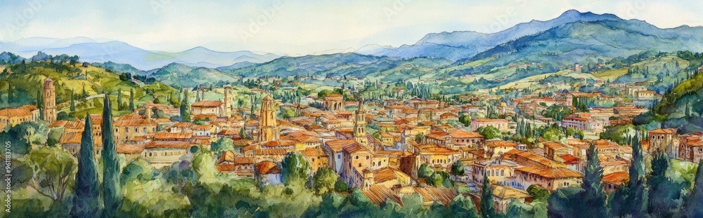 Fototapeta premium Breathtaking Watercolor Landscape of an Italian Village Nestled in Lush Hills