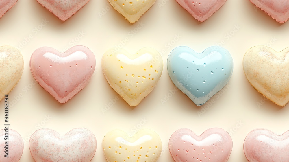 Fototapeta premium A seamless pastel heart pattern with soft pink, pale yellow, and baby blue hearts,