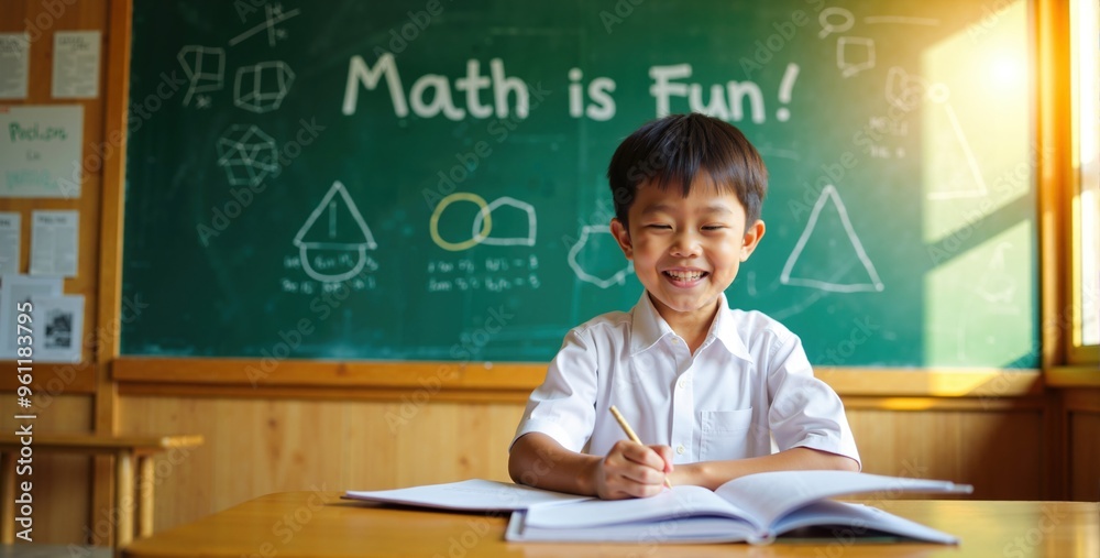 Asian School Boy Solving Math Problems in Front of Asian School Boy Solving Math Problems in Front of