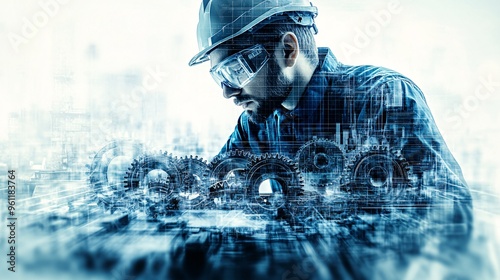 Mechanical engineer designing precise 3D gear system on digital interface