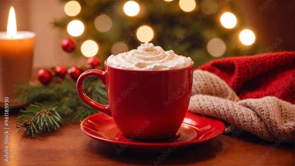 A red cup of cocoa, hot chocolate or coffee with whipped cream on a wooden table with red knitted plaid in front of a Christmas tree. Merry Christmas or New Year concept for banner with copy space. A red cup of cocoa, hot chocolate or coffee with whipped cream on a wooden table with red knitted plaid in front of a Christmas tree. Merry Christmas or New Year concept for banner with copy space.