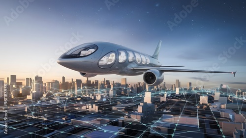 A photo of a futuristic airliner with digital network connectivity flying over a smart cityscape.
