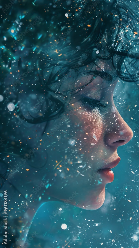 Fototapeta premium Close-up portrait of a woman with her eyes closed, surrounded by shimmering particles.