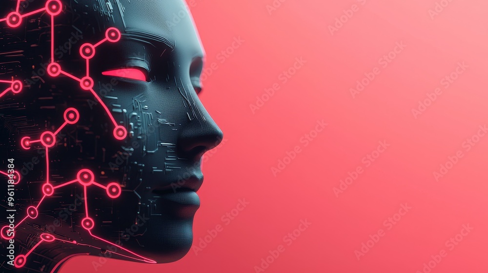 futuristic artificial intelligence network connection concept - cyborg head with neon lights and circuitry on pink background. futuristic artificial intelligence network connection concept - cyborg head with neon lights and circuitry on pink background.