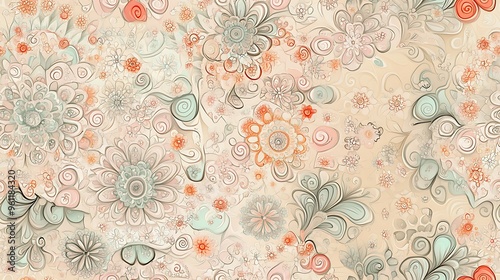 A seamless pastel mandala pattern with intricate designs in soft shades of blush pink, light lavender, and pale mint,