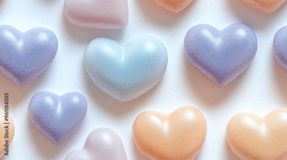 A seamless pastel pattern featuring heart shapes in light lavender, soft peach, and pale blue, scattered across a white backdrop with subtle shadows and smooth blending, A seamless pastel pattern featuring heart shapes in light lavender, soft peach, and pale blue, scattered across a white backdrop with subtle shadows and smooth blending,