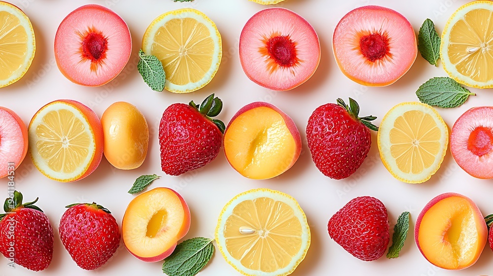 A seamless pastel pattern with fruit slices like peaches, lemons, and strawberries, in soft tones of blush pink, pale mint, and light yellow, A seamless pastel pattern with fruit slices like peaches, lemons, and strawberries, in soft tones of blush pink, pale mint, and light yellow,
