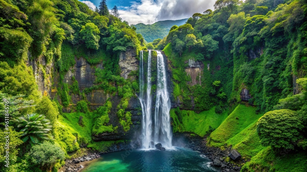 Tropical waterfall cascading down lush green cliffs on Reunion Island in the Indian Ocean, Trekking, Travel, Discovery, Vacation, Destination, Paradise, Landscape, Beauty, Flowing Tropical waterfall cascading down lush green cliffs on Reunion Island in the Indian Ocean, Trekking, Travel, Discovery, Vacation, Destination, Paradise, Landscape, Beauty, Flowing