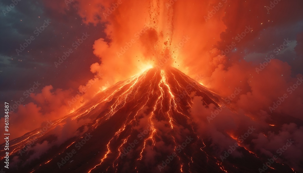 Fototapeta premium Erupting Volcano with Molten Lava Flowing Down the Sides at Night