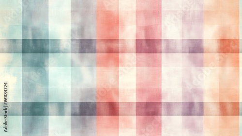 A seamless pastel plaid pattern featuring light mint, soft coral, and pale lavender stripes, arranged in a balanced grid to form a gentle, photo