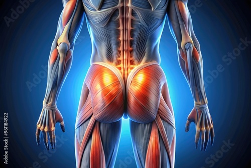 Detailed illustration of the gluteus maximus, gluteus medius, and gluteus minimus muscles, showcasing their anatomy and attachment points in the human body. photo