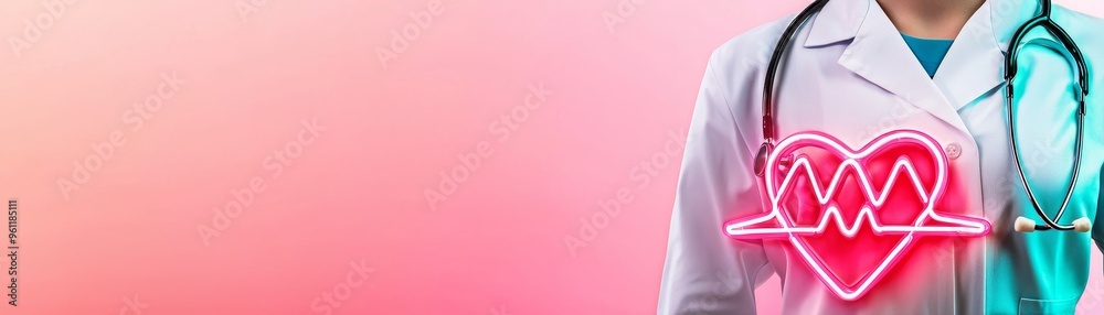 doctor with neon heartbeat symbol and stethoscope on pink gradient background - medical healthcare concept. doctor with neon heartbeat symbol and stethoscope on pink gradient background - medical healthcare concept.