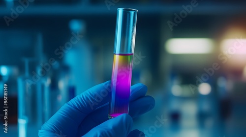 Scientist’s Hand Holding a Test Tube: A scientist's hand holding a test tube filled with a colorful liquid, with laboratory equipment blurred in the background. 