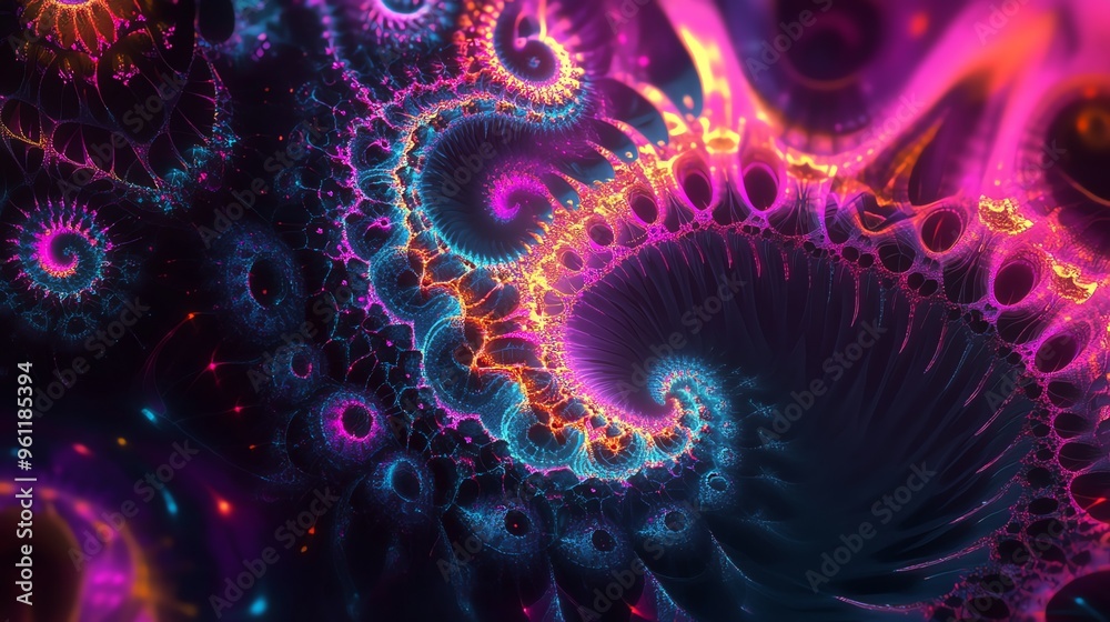 Abstract digital art with glowing spirals and fractal patterns in pink, blue, and orange. Abstract digital art with glowing spirals and fractal patterns in pink, blue, and orange.
