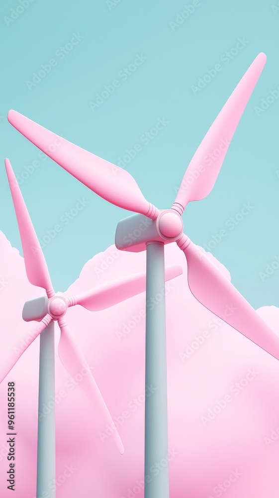Fototapeta premium pastel pink wind turbines 3d render, eco friendly energy concept, minimalist design, blue and pink background, sustainable technology illustration