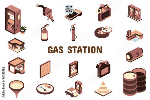 Gas Station Flat Vector Illustration Icon Sticker Set Design Materials