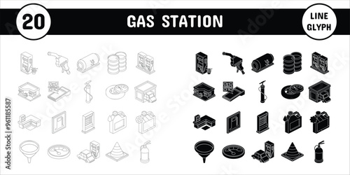 Gas Station Line Glyph Vector Illustration Icon Sticker Set Design Materials