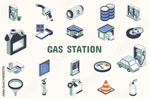 Gas Station Lineal Color Vector Illustration Icon Sticker Set Design Materials
