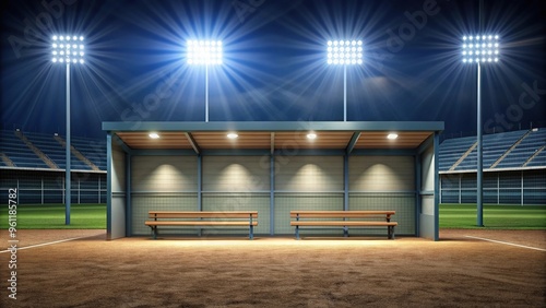 Empty baseball dugout illuminated by stadium lights at night , sports equipment, sport, seating, solitude, baseball, dark, baseball field, diamond, empty, dugout, structure, night