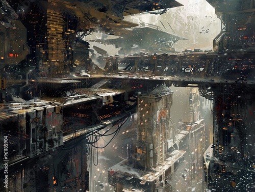 A futuristic cityscape with intricate structures and a snowy landscape.