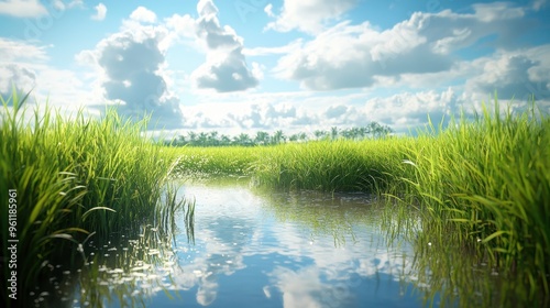 Organic rice paddy, lush and green with water reflecting the sky, 3D illustration