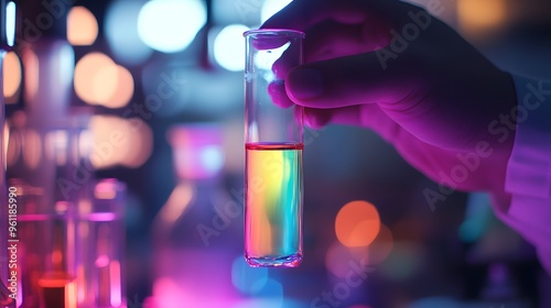 Scientist’s Hand Holding a Test Tube: A scientist's hand holding a test tube filled with a colorful liquid, with laboratory equipment blurred in the background. 