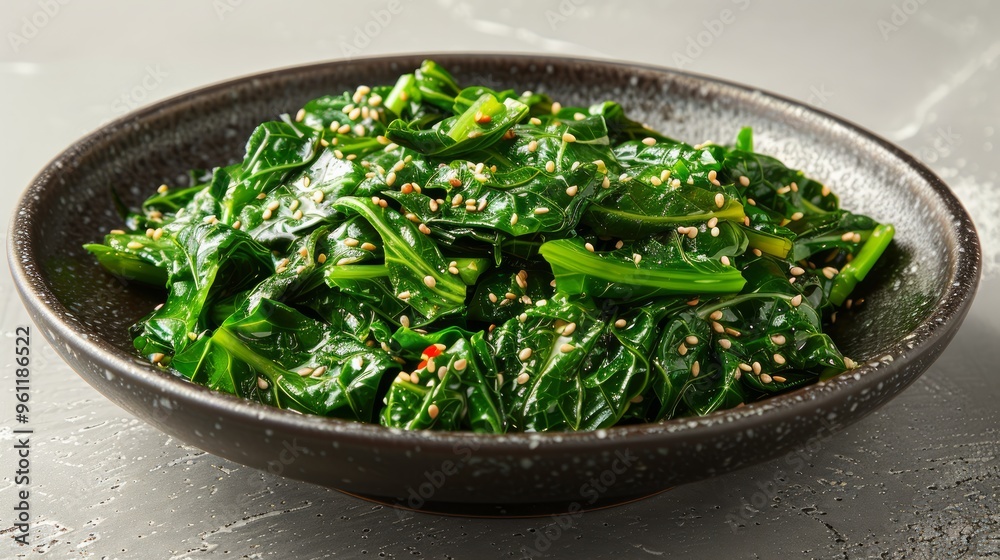 Stir-fried mustard greens on a black plate isolated on a white background Stir-fried mustard greens on a black plate isolated on a white background
