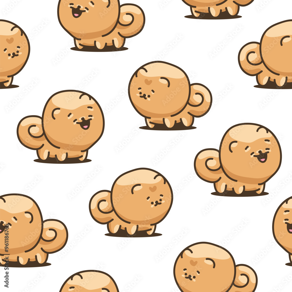 Cute kawaii pomeranian dog. Seamless pattern. Cartoon character. Vector drawing. Design ornaments. Cute kawaii pomeranian dog. Seamless pattern. Cartoon character. Vector drawing. Design ornaments.