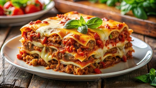 Hot and cheesy multi-layered meat lasagna on a plate, deliciously dripping with cheese, savory, Italian, pasta, food, meal, cheesy, layered, mozzarella, baked, gourmet, meat photo