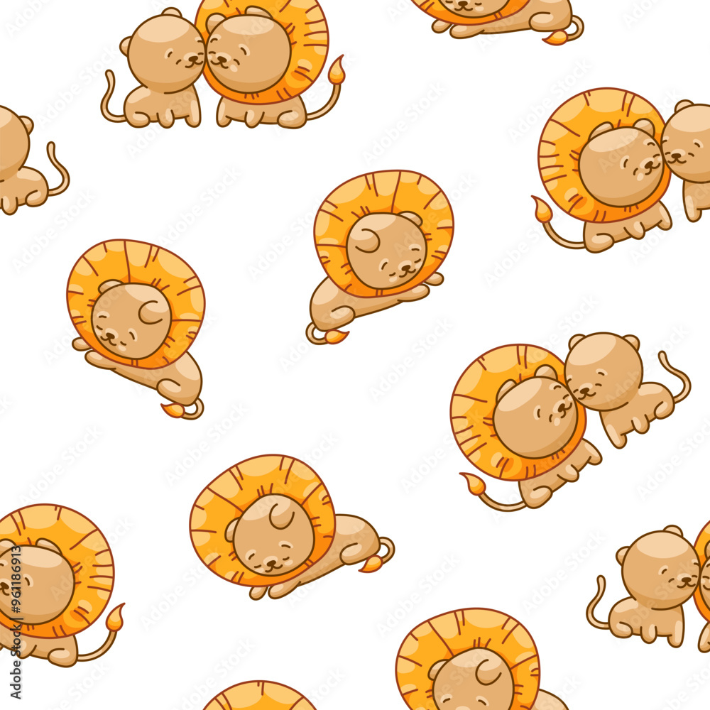 Obraz premium Cute lion character. Seamless pattern. Kawaii mammal animal different poses. Vector drawing. Design ornaments.