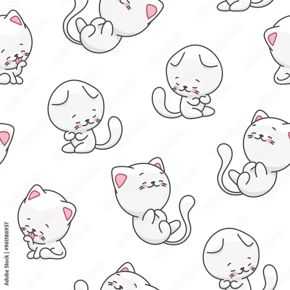 Cute cat character. Seamless pattern. Kawaii cartoon kitten. Vector drawing. Design ornaments. Cute cat character. Seamless pattern. Kawaii cartoon kitten. Vector drawing. Design ornaments.