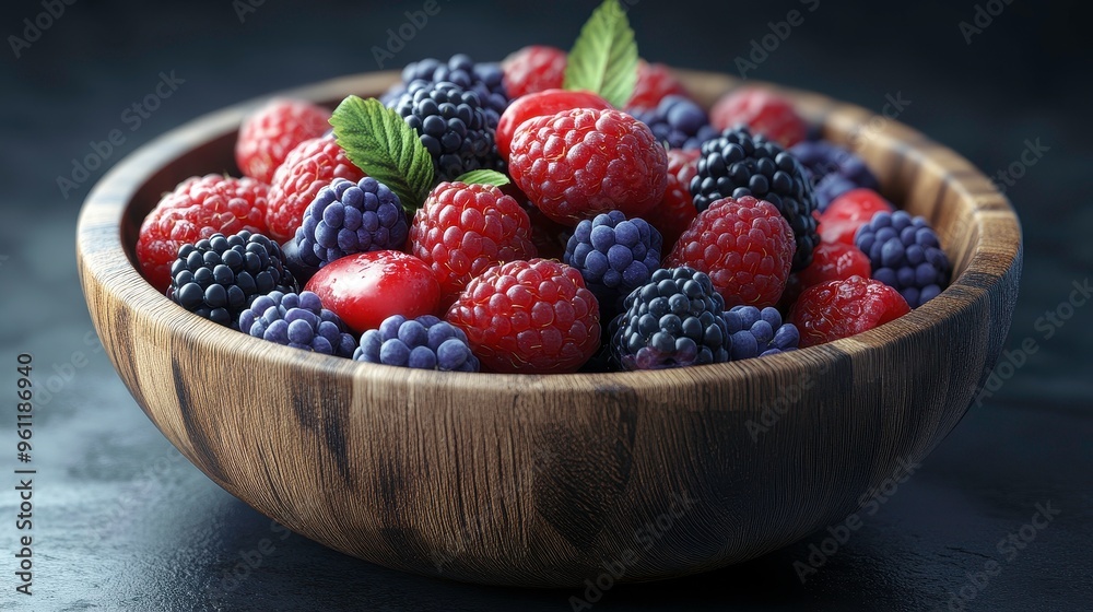 Organic berry medley, fresh berries in a wooden bowl, 3D illustration Organic berry medley, fresh berries in a wooden bowl, 3D illustration