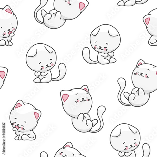 Cute cat character. Seamless pattern. Kawaii cartoon kitten. Vector drawing. Design ornaments.