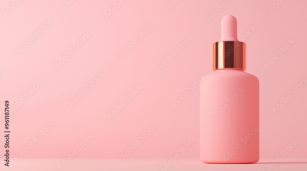 pink dropper bottle with golden cap on a pastel pink background for beauty and skincare product mockup. pink dropper bottle with golden cap on a pastel pink background for beauty and skincare product mockup.