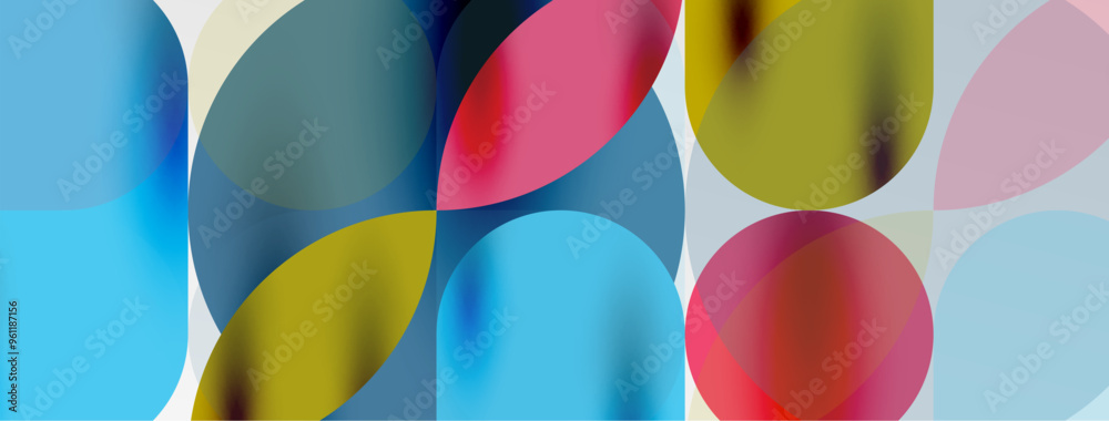 Mosaic geometric elements. Colorful circles, round geometric shapes and lines with shadow 3d effects. Simple forms abstract background for wallpaper, banner, template or landing Mosaic geometric elements. Colorful circles, round geometric shapes and lines with shadow 3d effects. Simple forms abstract background for wallpaper, banner, template or landing