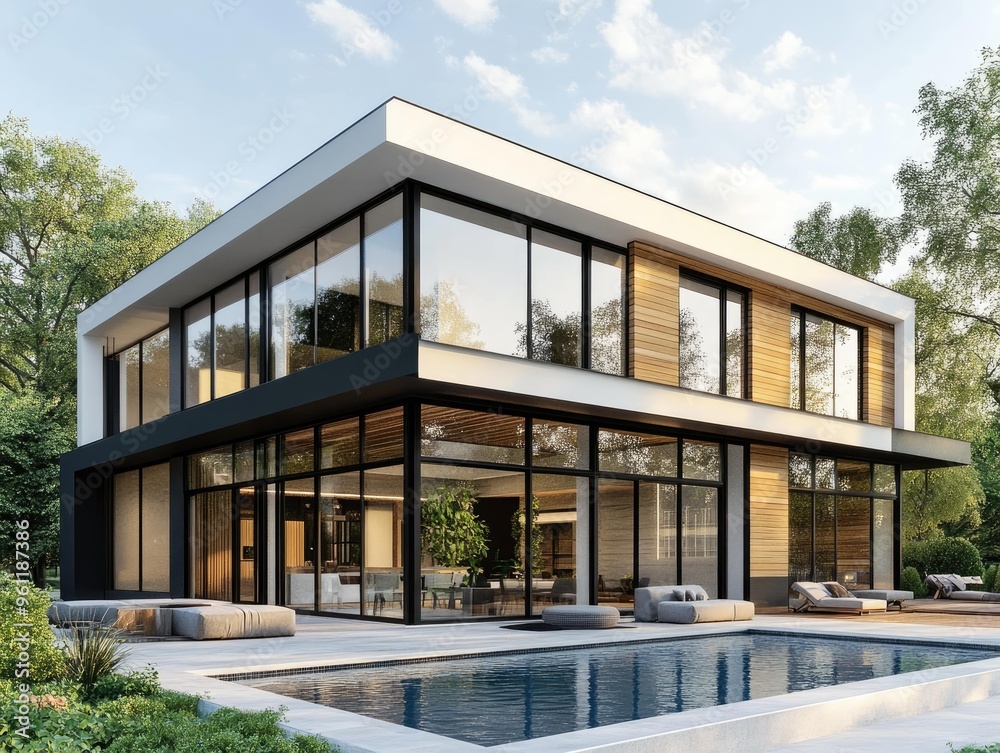Modern house with a pool, glass windows and doors, wooden cladding on ...