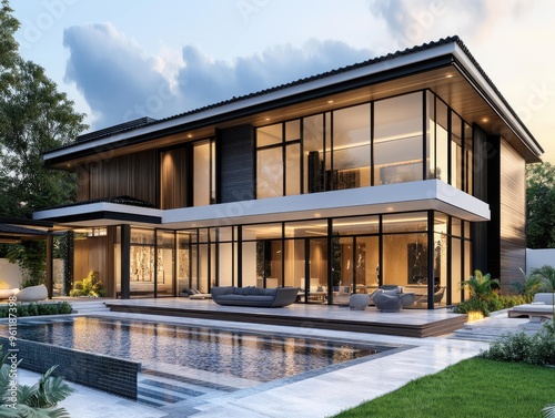  A two-story modern house with large windows, wooden cladding, and black metal details on the facade, glass doors leading to an outdoor pool in front of it. Created with AI