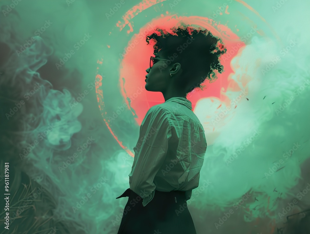 A woman with curly hair stands against a backdrop of smoke and a glowing orb, looking up and to the side. A woman with curly hair stands against a backdrop of smoke and a glowing orb, looking up and to the side.