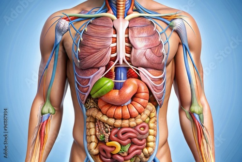 Detailed illustration of the male abdominal anatomy, showcasing the stomach, small intestine, pancreas, liver, and gallbladder, with precise labeling and vibrant color differentiation. photo