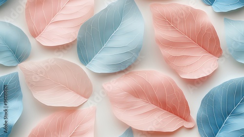 Delicate pastel leaves in shades of blush pink, baby blue, and light mint, photo