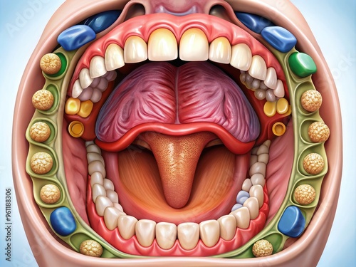 Detailed illustration of the oral cavity showing teeth, gums, tongue, uvula, tonsils, and epiglottis in a vivid anatomical representation of the human mouth interior. photo