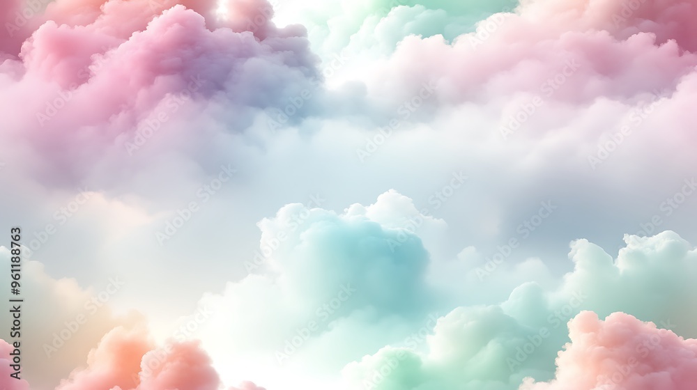 Gentle pastel clouds in soft pink, pale mint green, and light lavender, floating seamlessly across a white sky background with delicate blending and a calming,