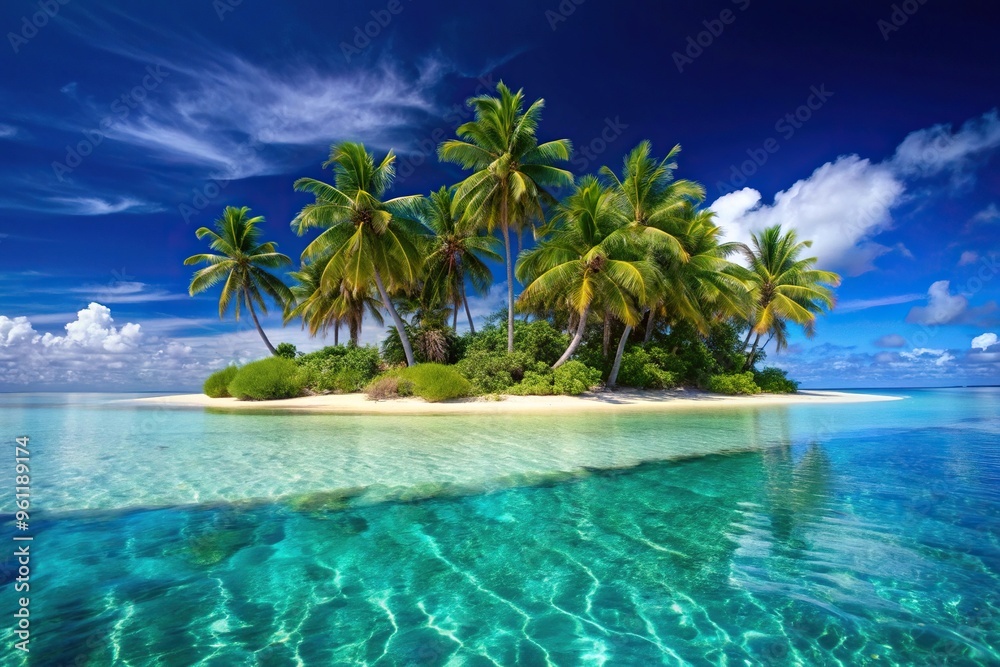 Naklejka premium Tropical paradise island with crystal clear blue ocean and palm trees, scenic, untouched, turquoise waters, secluded, tropical paradise, tropical plants, clear water, remote, vacation
