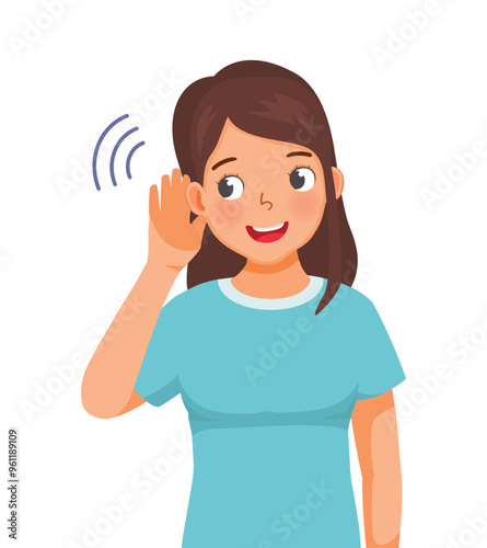 Young woman putting hand near ear listen to news gossip
