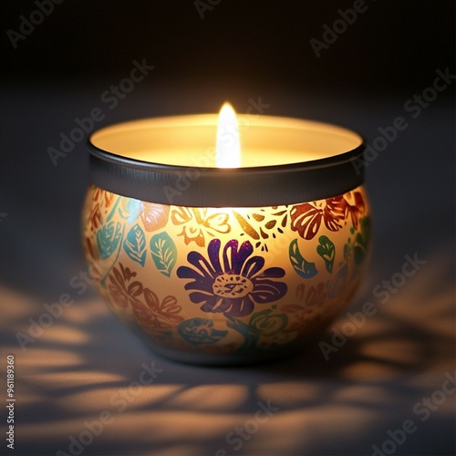 Wallpaper Mural A white tea light candle in an aluminum cup glowing inside a decorated glass jar, part of a creative crafting project. The soft light and jar decorations create a charming and artistic display.

 Torontodigital.ca