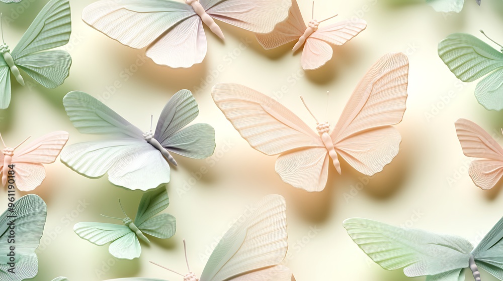 Obraz premium Pastel butterflies in soft hues of mint green, blush pink, and light lavender, scattered gracefully across a light cream background,
