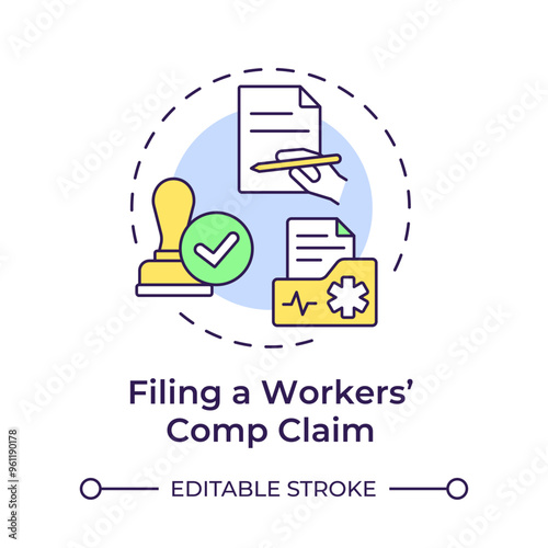 Filing workers compensation claim multi color concept icon. Healthcare insurance, medical report. Round shape line illustration. Abstract idea. Graphic design. Easy to use in infographic